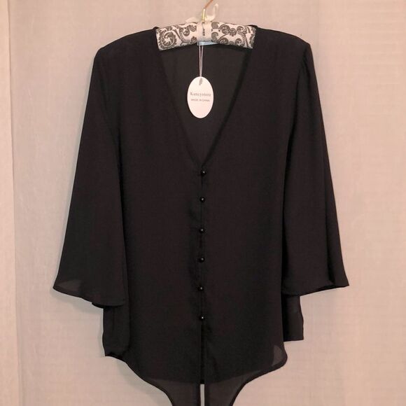 Kancystore M Black Button Front V-Neck Bell Quarter Sleeve Tie Front Blouse - Picture 3 of 12